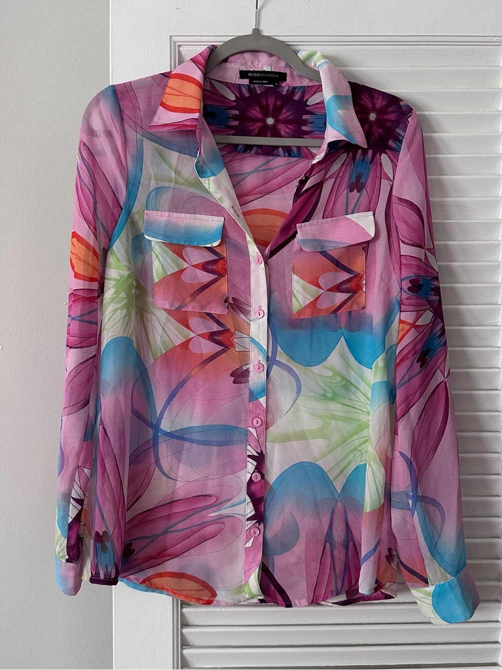 BCBGMaxAzria Multicolor Floral Sheer Button-Down Blouse